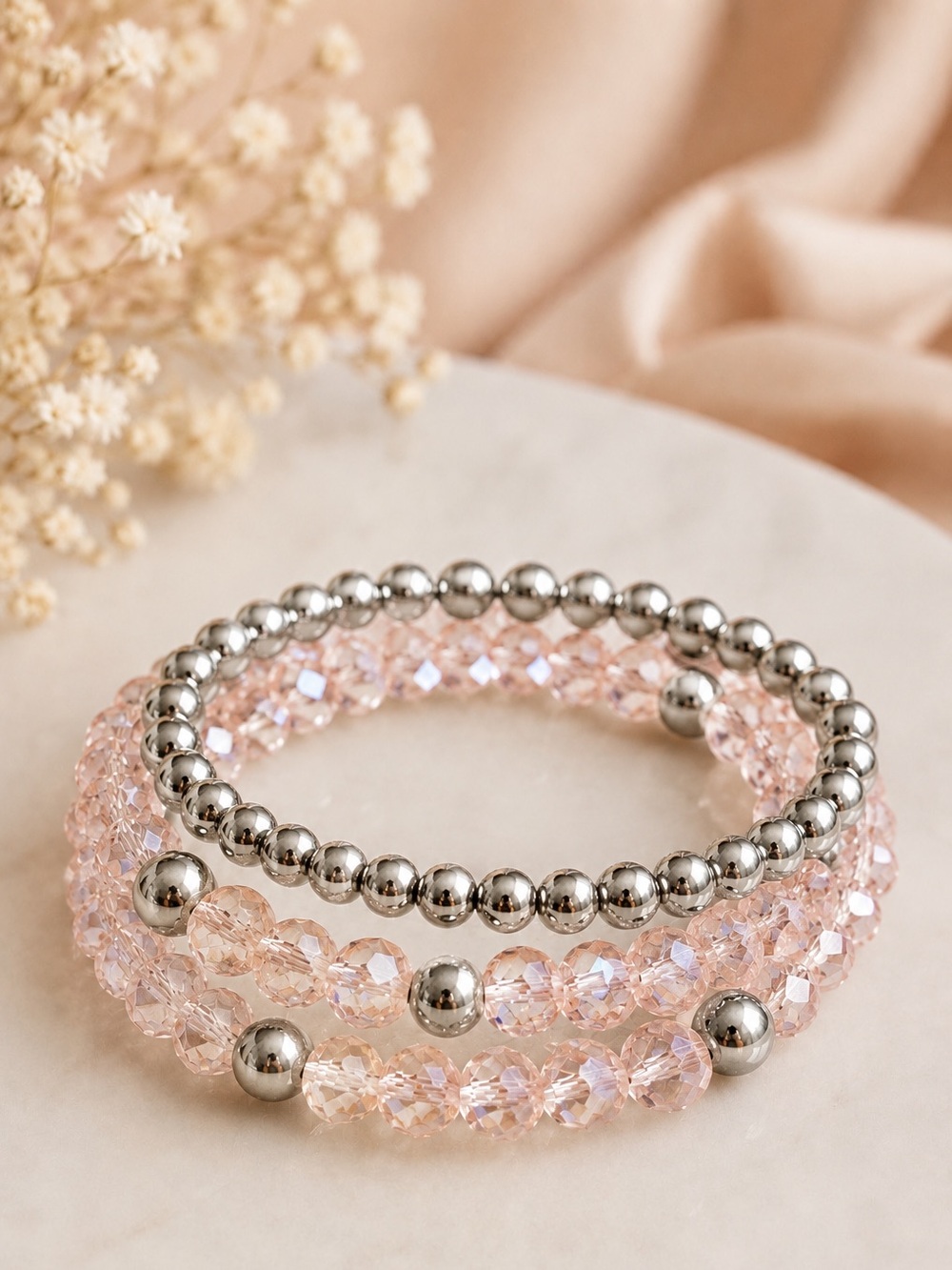 NWT | PAPARAZZI Set of 3 Beaded Stretch Bracelets – Pink/Silver